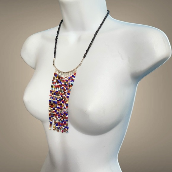 Black Beads With Multi-Colored Seed Beads Fringe Necklace Boho Festival - Picture 1 of 6